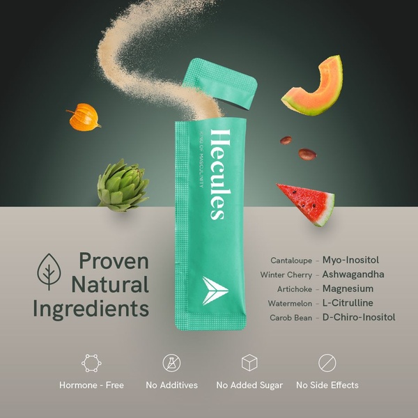 A clean 1:1 square graphic showing a supplement sachet being opened with raw natural ingredients floating around it to communicate purity.